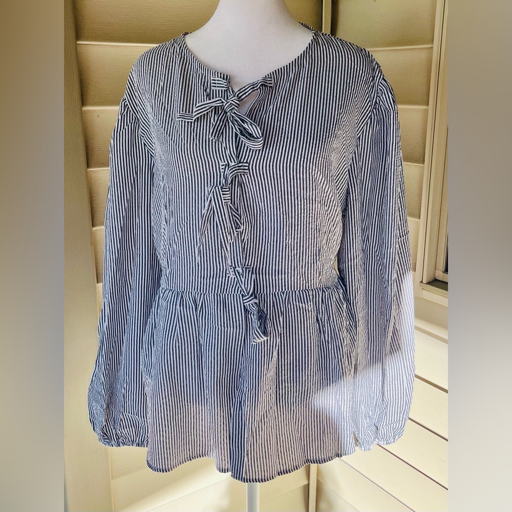 Mesoli Blue & White Striped Puff Sleeve Babydoll Peplum Blouse – Size XL - Picture 3 of 7